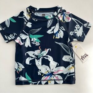 NWT Tea Collection Navy Tropical Lillies Rashguard Summer Beach UPF 40+ Size 2